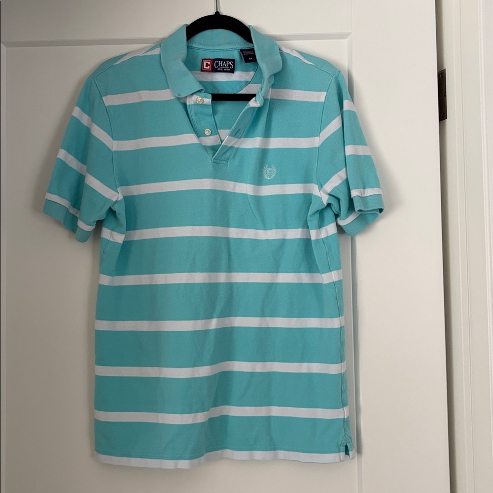 Chaps Turquoise and White Striped Polo Medium
